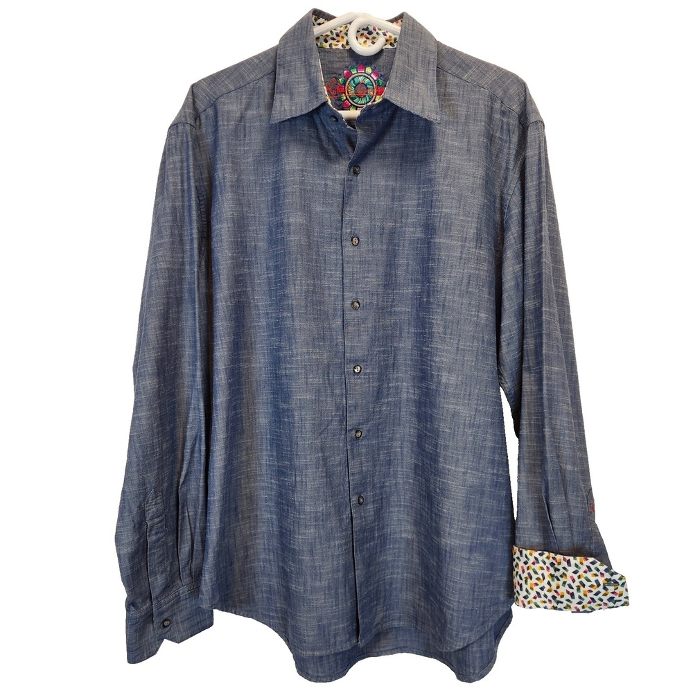 Robert Graham Men's Size XL Blue Embroidered Flip Cuff Long Sleeve Button Shirt